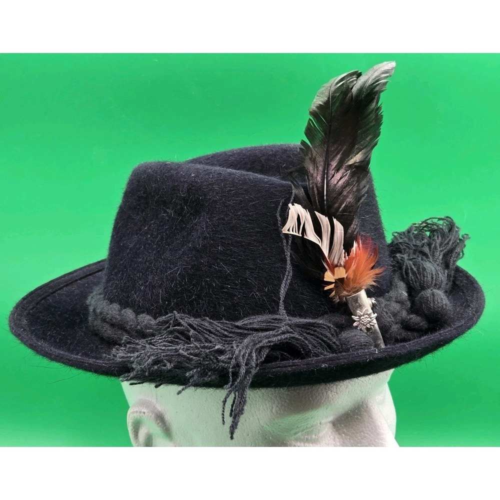 Authentic Vintage Alpine Wien Oberwalder Fedora Hat Oktoberfest Black Wool Felt